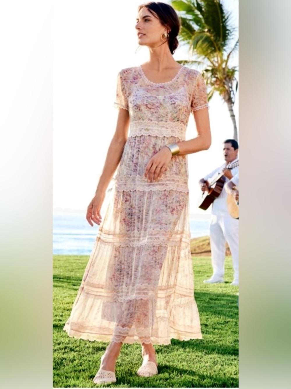 NWT Soft surroundings dress Sheer overlay tiered floral lace cream peach Large L